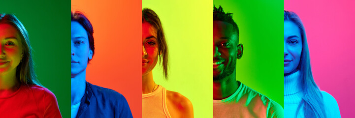 Collage made of half-faced portrait of different people, men and women of different age and race over multicolored background in neon light