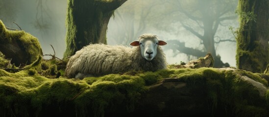 Sheep rest in a clearing surrounded by ancient fake woods.