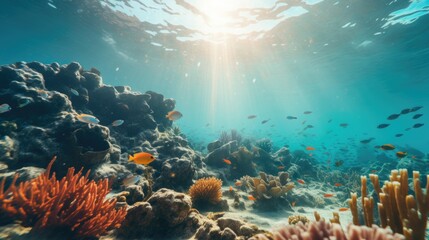 Sunlight filtering through the water illuminating a vibrant coral reef. Perfect for underwater and marine life themes
