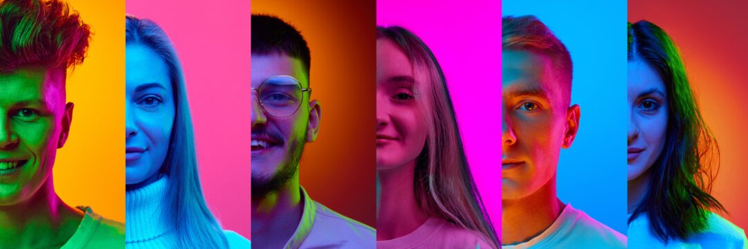 Collage made of half-faced portrait of different young people, men and women smiling over multicolored background in neon light