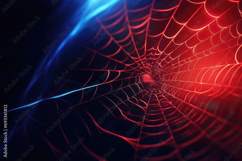 Poster A close-up image of a spider web in the dark. This picture can be used to depict the intricate beauty of nature and the mysterious atmosphere of the night