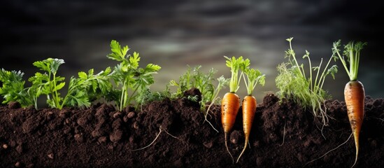 Regrowth of carrot sections in soil recycles vegetable waste and propagates vegetables. - obrazy, fototapety, plakaty