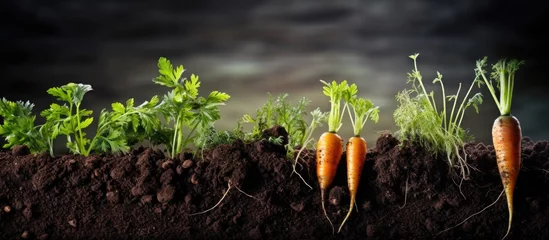 Tuinposter Regrowth of carrot sections in soil recycles vegetable waste and propagates vegetables. © TheWaterMeloonProjec