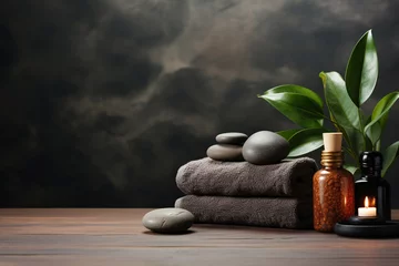 Zelfklevend Fotobehang Spa Massage stones, towels and candles. Set for spa treatments. Care and relaxation concept. Generated by artificial intelligence