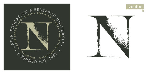 N letter serif logo with dry brush strokes. Classic style font. Grunge textured and rough edges elements. Perfect for fashion labels, vintage headlines, glamour luxury identity, wedding invitations.