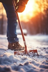 A person shoveling snow with a snow shovel. Ideal for winter maintenance and clearing snow from driveways and sidewalks