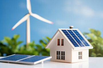 A modern wind turbine in the background of a model house with solar panels on the white table