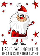 Cartoon Weihnachtskarte Frohe Weihnachten und ein gutes neues Jahr mit lustigem Weihnachtsmann. Vektor Illustration für Grußkarte, soziale Medien
