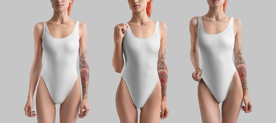 Template of a white swimsuit one piece, on a thin girl, front view. Swimwear set for design,...