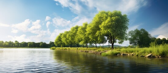Riverside trees on a sunny day in summer.
