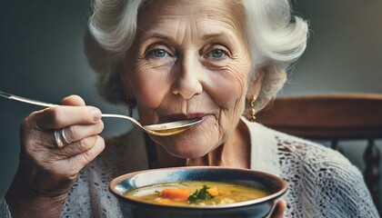 Seniorka kosztująca przygotowaną przez siebie zupę. 