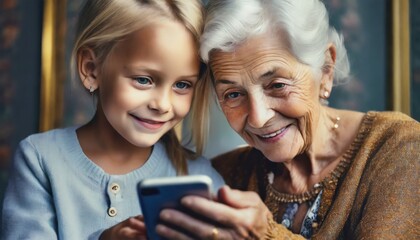 Wnuczka ucząca swoją babcie obsługi smartfona - obrazy, fototapety, plakaty