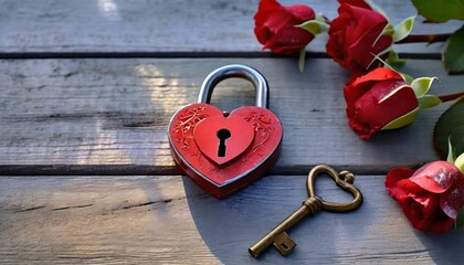 Czerwona kłódka w kształcie serca, klucz i czerwone róże na szarych deskach. Motyw miłości, zakochania. Walentynkowe tło z miejscem na tekst - obrazy, fototapety, plakaty