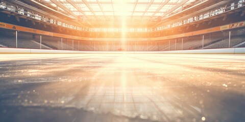 An empty ice rink with sunlight shining through the windows. Suitable for sports and recreation...