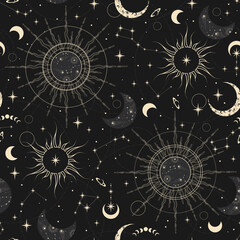Vector seamless pattern with moon, plants. Mystical esoteric background for design of fabric, packaging, astrology, phone case, wrapping paper.