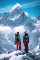 Two people standing on top of a snow covered mountain. Perfect for adventure and outdoor exploration themes