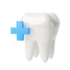 White tooth with a blue plus symbol. 3d render. isolated on white