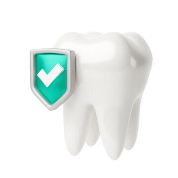 White tooth with a green shield and check mark symbol as a symbol of protection. 3d render