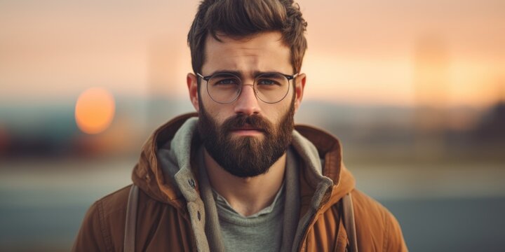 A man with a beard wearing glasses and a jacket. Suitable for professional or casual settings