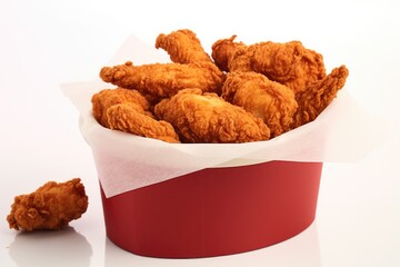 A bucket of delicious fried chicken sitting on a table. Perfect for food lovers and restaurant promotions