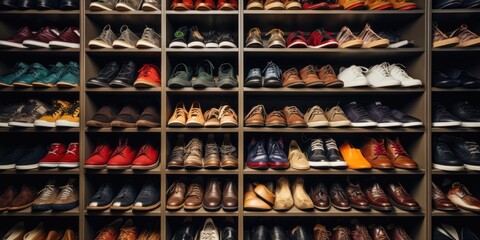 A collection of shoes neatly arranged on a shelf. Suitable for footwear store advertisements or fashion-related designs