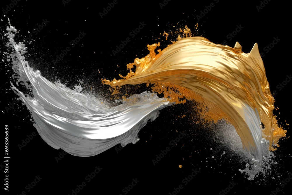 Aufkleber A captivating image of a white and gold liquid splashing on a striking black background. Perfect for adding an elegant touch to various projects