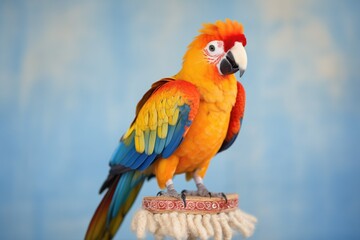 sun conure parrot on a perch, vibrant orange and red feathers displayed