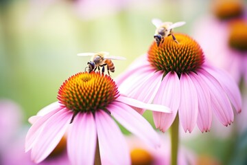 close-up of bees on purple coneflowers