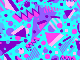 Memphis seamless pattern with 3d geometric shapes in 80s style. Colorful geometric pattern. Design of promotional products, wrapping paper and printing. Vector illustration