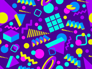 3D geometric seamless pattern in 80s style. 3d isometric triangles, zigzags and circles. Geometric memphis style. Design for promotional products, wrapping paper and printing. Vector illustration