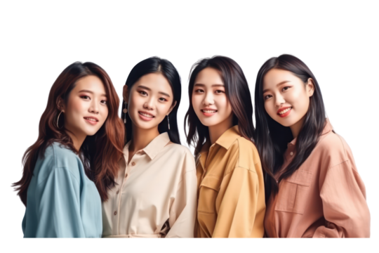 Portrait of group asian young multiracial men standing together on transparent background.