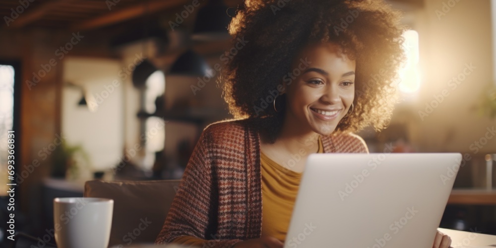 Poster a woman is seated in front of a laptop computer. this image can be used to depict a variety of conce
