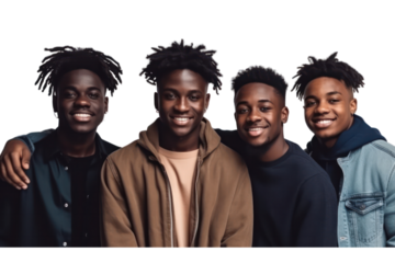 Portrait of black young multiracial men standing together on transparent background.