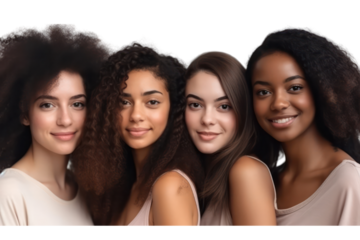 Portrait of group young multiracial women standing together on transparent background.