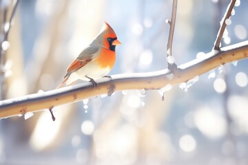 cardinal on an icy branch glinting in sunlight