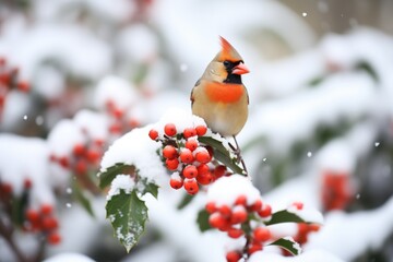 cardinal on a snow-laden holly bush