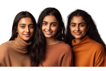 Portrait of group indian young women multiracial standing together on transparent background.