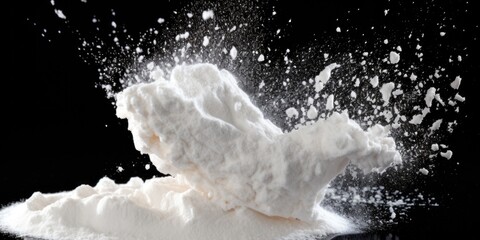 A pile of white powder on a black surface. Perfect for illustrating concepts related to substances,...