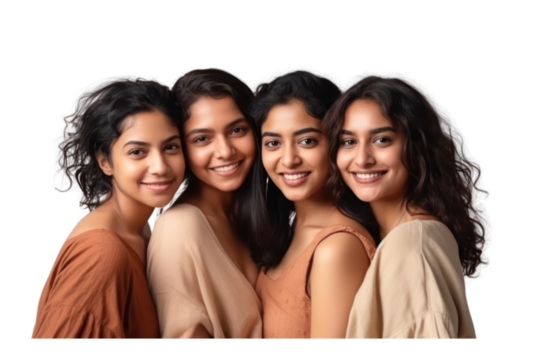 Portrait of group indian young women multiracial standing together on transparent background.