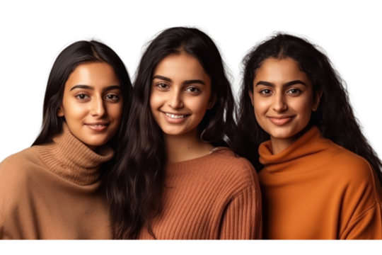 Portrait of group indian young women multiracial standing together on transparent background.
