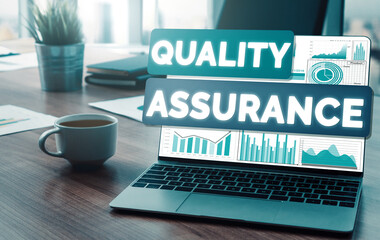 Quality Assurance and Quality Control Concept - Modern graphic interface showing certified standard...