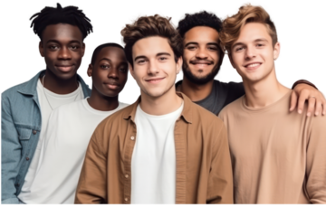 Portrait of group young multiracial men standing together on transparent background.