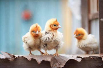 fluffy chicken chicks exploring coop