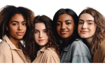 Portrait of group young multiracial women standing together on transparent background.