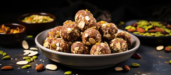 No-bake energy bites made with dates, oats, saffron, pistachios, cashews, and other dried fruits, including dink or edible gum ladu.