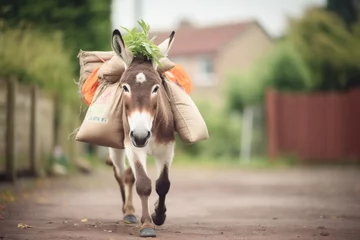 Fotobehang donkey with a load of gardening soil bags © stickerside