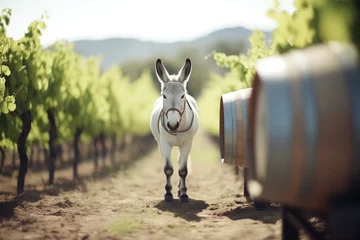 Tuinposter white donkey with barrels in vineyard setting © stickerside