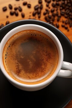 A simple image of a cup of coffee resting on a saucer placed on a table. This versatile picture can be used for various purposes