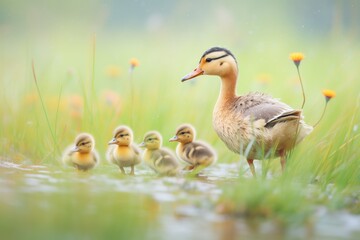 Obraz premium ducklings following mother on green grass