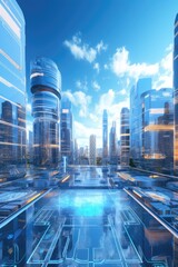 A futuristic cityscape featuring a multitude of tall buildings. This image can be used to depict a modern and advanced urban environment